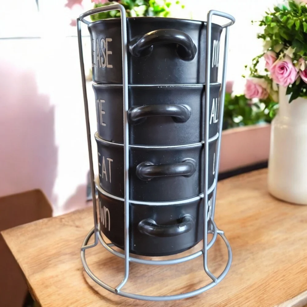 Vtg Boston Warehouse 4 Handled Black Souper Bowls White Script With Metal Rack